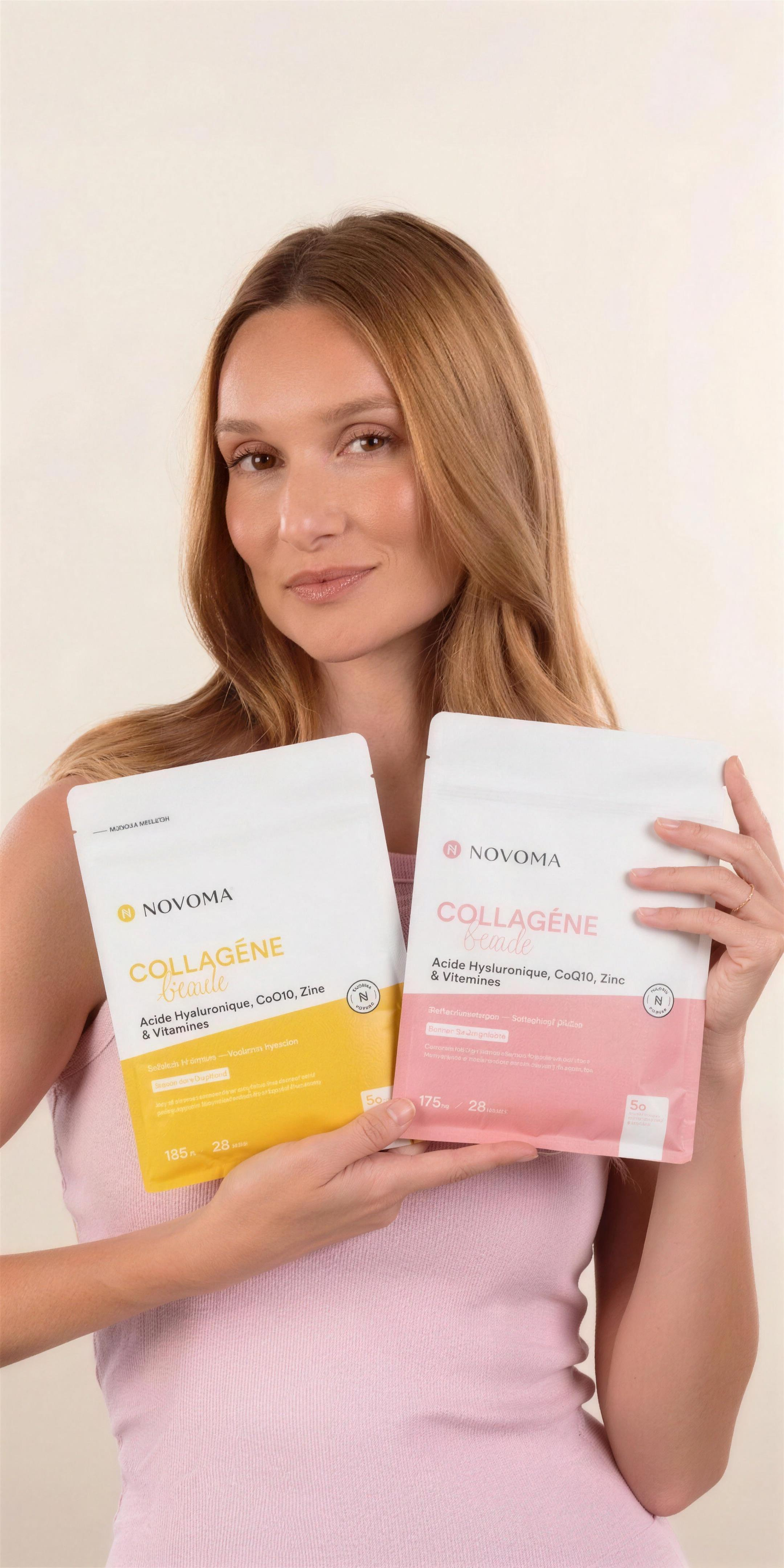 Collagène Beauté Novoma — les deux saveurs Fraise-Goyave et Vanille-Pécan