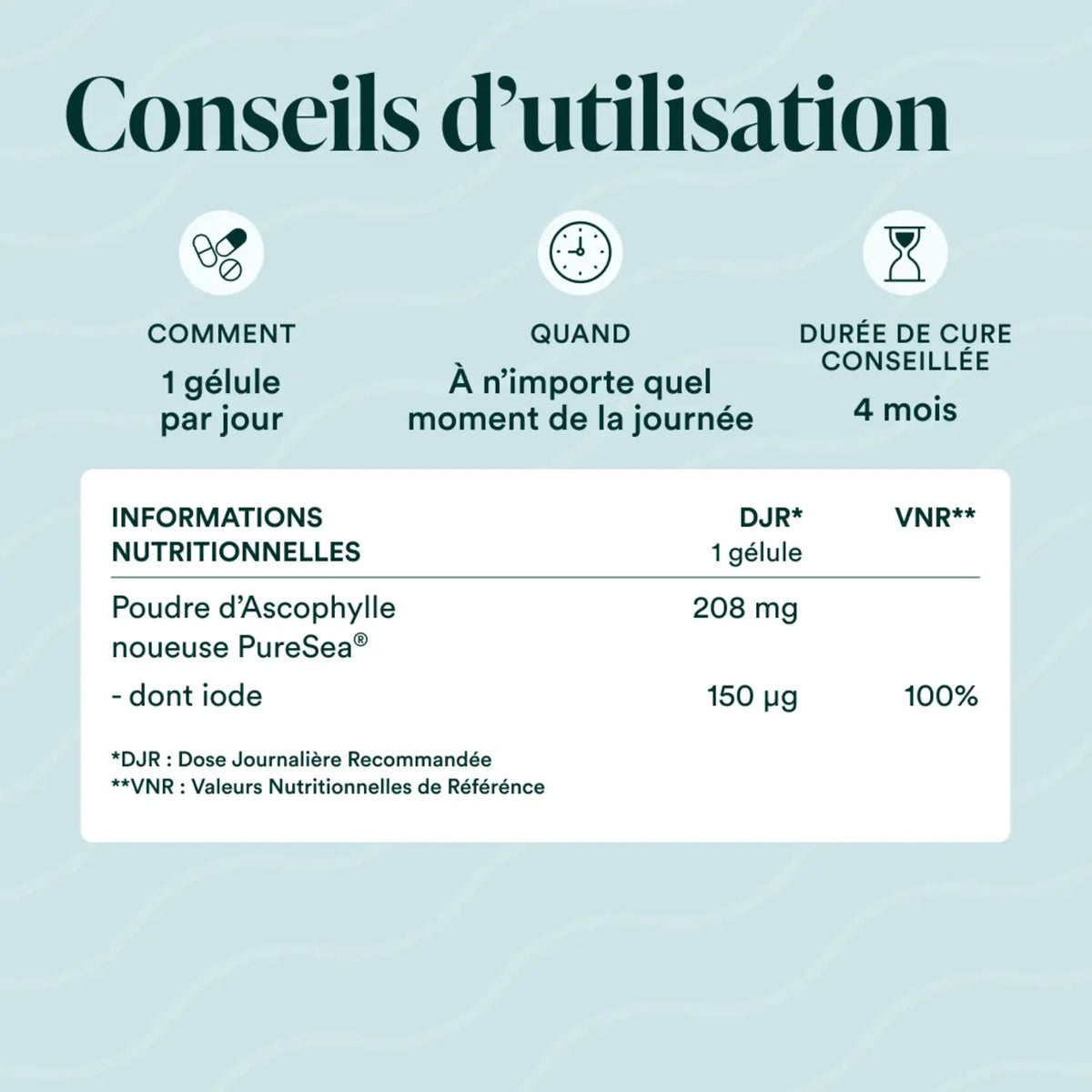 Conseils d'utilisation Iode Marin Bio : 1 gélule par jour, informations nutritionnelles